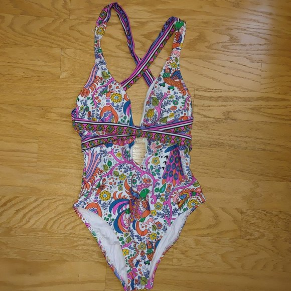 NWT TRINA TURK Jungle Beach Paisely-Print Plunging Cross-Back One-Piece Swimsuit - Picture 3 of 8